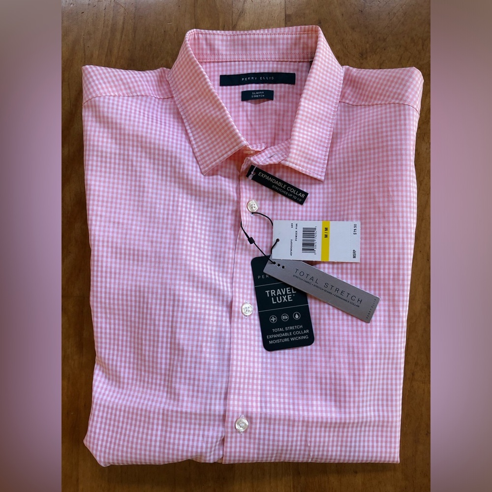 PERRY ELLIS Travel Luxe Button-Up Dress Shirt Pink Check Non-Iron Men's M NWT